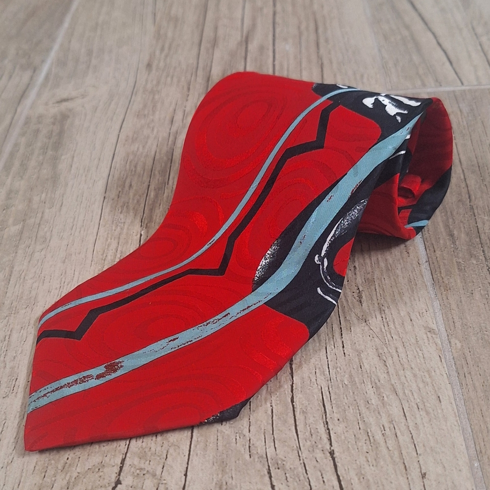 #1411Vintage Italian Fratelli Moda 100% Silk Red, Black & Gray Stylish Men's Tie